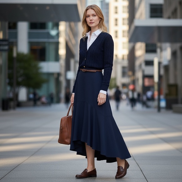 Lauren Ralph Lauren Navy 100% Silk Flared Midi Skirt Women’s 4P - Picture 2 of 7